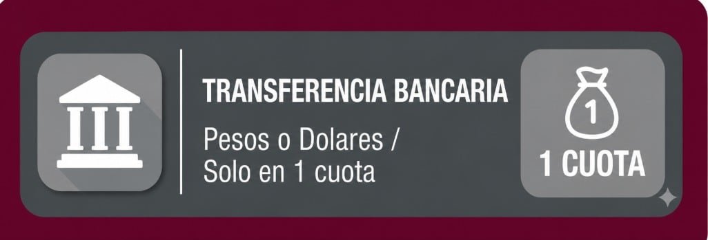 Transferencia bancaria — pesos o dólares, solo en 1 cuota