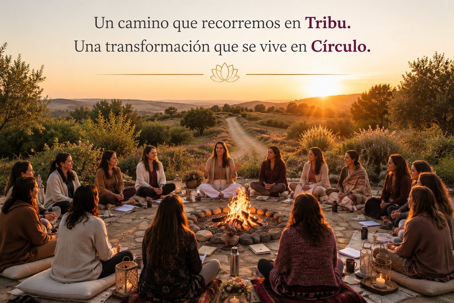 Círculo de mujeres alrededor del fuego al atardecer — El Fogón de los Sembradores